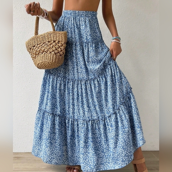 Dresses & Skirts - Ditsy Floral Print Frill Trim Summer Beach Ruched Skirt